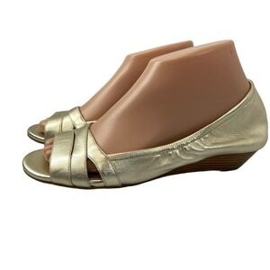 Cole Haan Air Amari Wedge Heels Womens 7.5B Gold Leather Slip On Peep Toe Casual